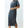 Womens Midi Length Relaxed 100% Cotton Distressed Effect Slit Shift Relaxed Cut Knitted T-shirt Dress