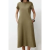 Women Fashion Stylish Midi Length Crew Neck Relaxed Pocket Premium A-Line Knitted Dress