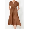 Women Fashion Stylish Midi Length Double Breasted Regular Waist Open V Neck Woven Dress