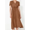 Women Fashion Stylish Midi Length Double Breasted Regular Waist Open V Neck Woven Dress