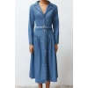 Women Fashion Stylish Maxi Length Shirt Collar Oversize Belted Denim Dress