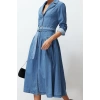 Women Fashion Stylish Maxi Length Shirt Collar Oversize Belted Denim Dress