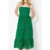 Kadın Moda Şık Maxi Boy Kare Yaka Regular Belden Açılan Brode Dokuma Elbise