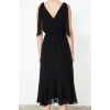 Kadın Moda Şık Maxi Boy V Yaka Regular A Kesim Beli Lastikli Şifon Astarlı Dokuma Elbise