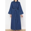 Kadın Moda Şık Maxi Boy Gömlek Yaka Regular Modest Gömlek Denim Elbise