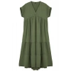 Women Fashion Stylish Midi Length V Neck Regular Plain Wide Cut Skirt Flounce Aerobin Woven Dress