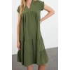 Women Fashion Stylish Midi Length V Neck Regular Plain Wide Cut Skirt Flounce Aerobin Woven Dress