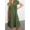 Women Fashion Stylish Midi Length V Neck Regular Plain Wide Cut Skirt Flounce Aerobin Woven Dress