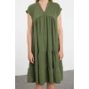 Women Fashion Stylish Midi Length V Neck Regular Plain Wide Cut Skirt Flounce Aerobin Woven Dress