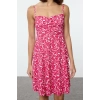 Womens Fashion Mini Length Heart Neck Regular Floral Pattern Textured Strappy Gathered Detailed Flexible Knitted Dress