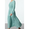 Kadın Moda Şık Midi Boy Kare Yaka Regular Eteği Belden Açılan Astarlı Dokuma Elbise