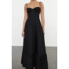 Kadın Moda Şık Maxi Boy Kalp Yaka Regular Drape Detaylı Dokuma Elbise