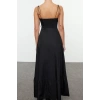Kadın Moda Şık Maxi Boy Kalp Yaka Regular Drape Detaylı Dokuma Elbise