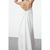 Women Fashion Stylish Maxi Length U Neck Regular Comfortable Wide Cut Plain Back Low Cut Woven Dress