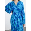 Women Fashion Stylish Midi Length Shirt Collar Regular Belted Geometric Patterned Woven Shirt Dress