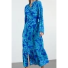 Women Fashion Stylish Midi Length Shirt Collar Regular Belted Geometric Patterned Woven Shirt Dress