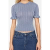 Womens Fashion Stylish Crew Neck Standard Sleeve Regular Glittery Sleeve Detailed T-Shirt Look Knitwear Sweater