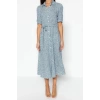 New Comfortable Casual Daily Shally Woven Shirt Collar Short Sleeve Shirt Dress Midi Length Dress