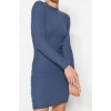 Kadın Moda Şık Mini Boy Dik Yaka Slim Vücuda Oturan Yarım Balıkçı Yaka Fitilli Esnek Örme Elbise