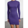 Kadın Moda Şık Mini Boy Dik Yaka Slim Vücuda Oturan Yarım Balıkçı Yaka Fitilli Esnek Örme Elbise