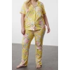 Plus Size Womens 100% Cotton Shirt Collar Short Sleeve Floral Patterned Shirt Collar Knitted Pajama Set