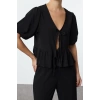 Stil Kadın Normal Kalıp Bağlama Detaylı Truvakar Kol Bluz Crop Örme Regular Kalıp Balon Kol