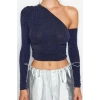 Stil Kadın Tek Omuz Parıltılı Simli Büstiyer Crop Örme Fitted Kalıp