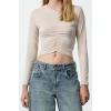 Stil Kadın Fitted Vücuda Oturan Büzgü Detaylı Crop Esnek Bluz Super Crop Örme Slim Kalıp