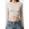 Stil Kadın Fitted Vücuda Oturan Büzgü Detaylı Crop Esnek Bluz Super Crop Örme Slim Kalıp