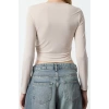 Stil Kadın Fitted Vücuda Oturan Büzgü Detaylı Crop Esnek Bluz Super Crop Örme Slim Kalıp