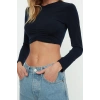 Stil Kadın Fitted Vücuda Oturan Büzgü Detaylı Crop Esnek Bluz Super Crop Örme Slim Kalıp