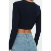 Stil Kadın Fitted Vücuda Oturan Büzgü Detaylı Crop Esnek Bluz Super Crop Örme Slim Kalıp