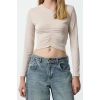 Stil Kadın Fitted Vücuda Oturan Büzgü Detaylı Crop Esnek Bluz Super Crop Örme Slim Kalıp