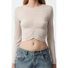 Stil Kadın Fitted Vücuda Oturan Büzgü Detaylı Crop Esnek Bluz Super Crop Örme Slim Kalıp