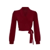 Style Womens Double Breasted Closed Flexible Blouse Crop Knitted Regular Pattern Balloon Sleeve