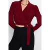 Style Womens Double Breasted Closed Flexible Blouse Crop Knitted Regular Pattern Balloon Sleeve