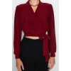 Style Womens Double Breasted Closed Flexible Blouse Crop Knitted Regular Pattern Balloon Sleeve