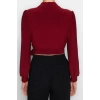 Style Womens Double Breasted Closed Flexible Blouse Crop Knitted Regular Pattern Balloon Sleeve