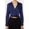 Stil Kadın Saten Bluz Crop Dokuma Regular Kalıp