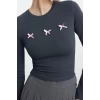 Style Women Bow Detail Short Body-Sit Blouse Crop Knitted Slim Pattern