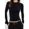 Stil Kadın Gül Detaylı Fitted Vucuda Oturan Kollu Esnek Bluz Regular Örme Slim Kalıp