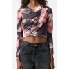 Stil Kadın Soyut Desenli Büzgü Drape Detaylı Bluz Crop Örme Slim Kalıp