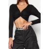 Stil Kadın Düğüm Detaylı Fitted Vücuda Oturan Crop Esnek Bluz Super Crop Örme Slim Kalıp