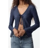 Style Womens Tie Detail Textured Flexible Blouse Crop Knitted Regular Pattern Spanish Sleeve