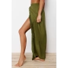 Moda Yırtmaçlı Düz Desen Plaj Maxi Boy Haki Maxi Dokuma Püsküllü Etek