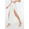 Moda Yırtmaçlı Düz Desen Plaj Maxi Boy Haki Maxi Dokuma Püsküllü Etek