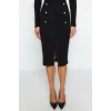 Fashion Slim Fit Plain Pattern Day Night Midi Length Smart Crepe Buttoned Midi Slit Flexible Knitted Skirt