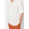 Fashion Mens Shirt Collar Plain Pattern Casual Regular Fit Epaulette Wrinkled Effect Linen Look Shirt