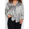 Fashion Womens Plus Size Shirt Collar Striped Pattern Casual Black White Striped Woven Shirt