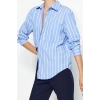 Fashion Women Shirt Collar Striped Pattern Casual Striped Pocket Oversize Wide Pattern Woven Shirt